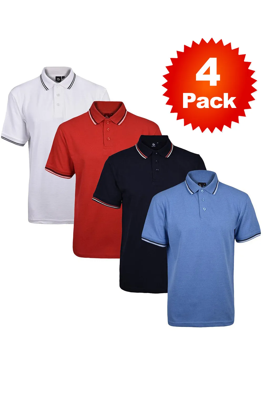 4 Pack Mens Tipping Plain Pique Polo Collar Shirt - Set 4