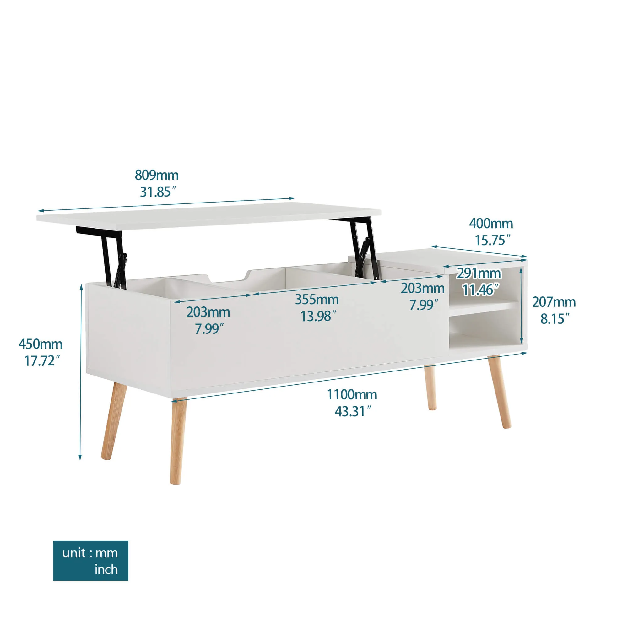 43.3" Lift Top Coffee Table with Hidden Compartment and Adjustable Storage Shelf Wood Dinning Table (White)