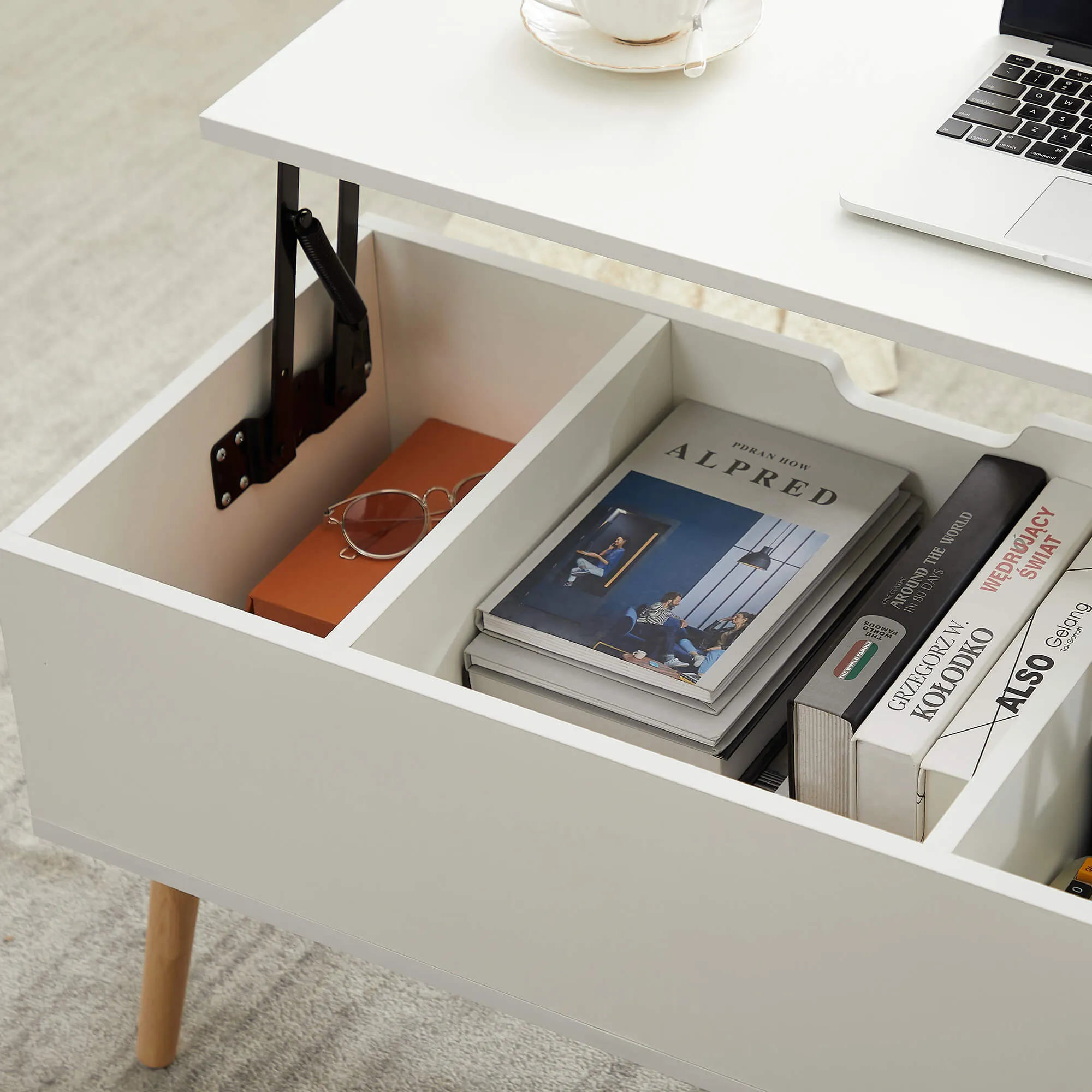 43.3" Lift Top Coffee Table with Hidden Compartment and Adjustable Storage Shelf Wood Dinning Table (White)