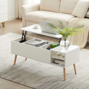 43.3" Lift Top Coffee Table with Hidden Compartment and Adjustable Storage Shelf Wood Dinning Table (White)