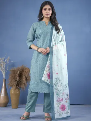 Aqua Blue Attractive Looking Readymade Pant Suit With Designer Embroidery Work