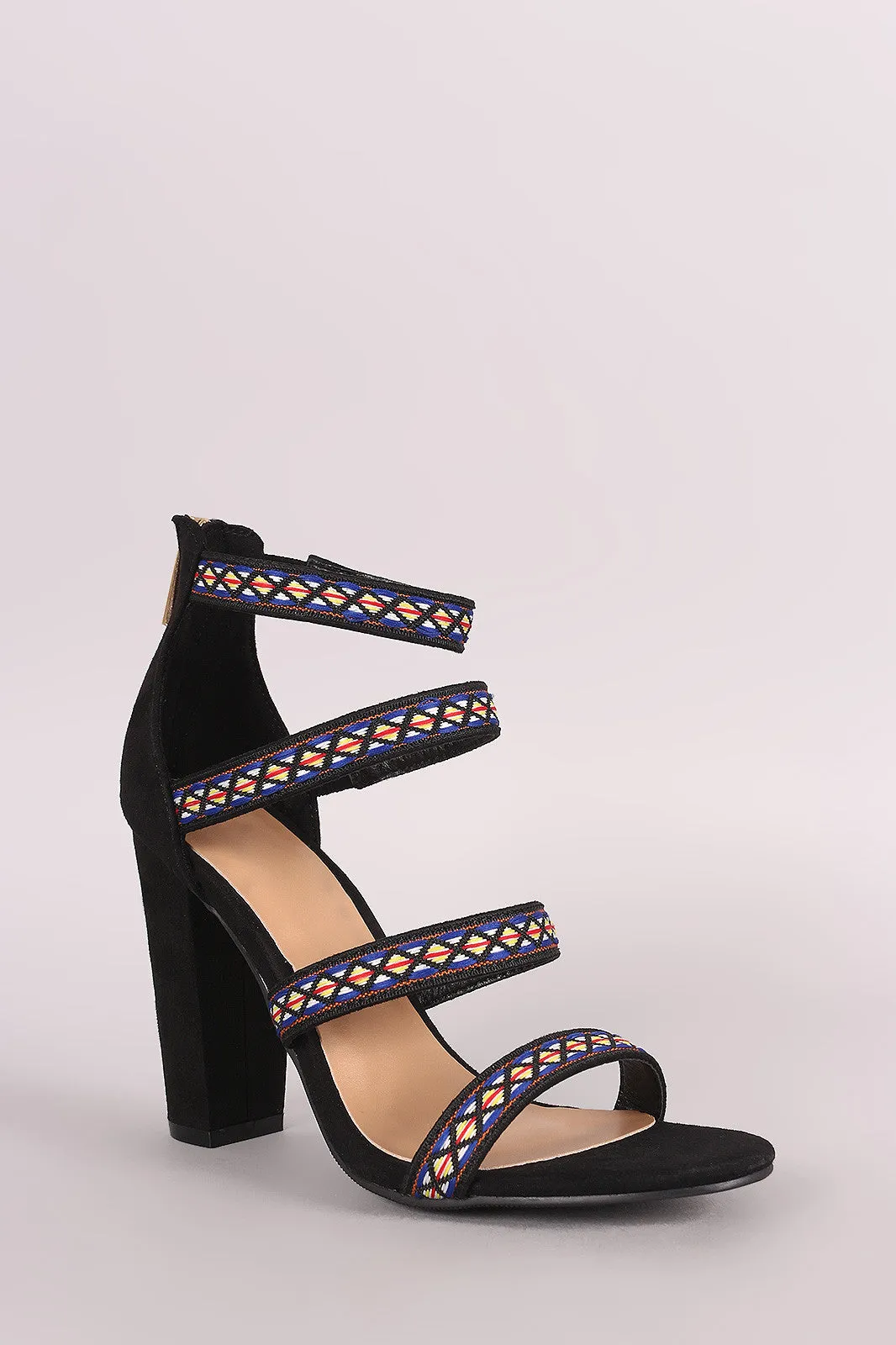 Bamboo Embroidered Suede Strappy Caged Chunky Heel