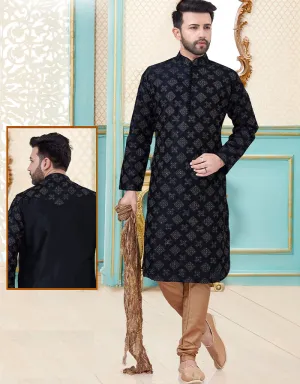 Black Kurta Dupion Silk With Embroidery Work Payjama