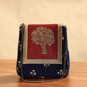 Blue - Fabric Embellished Embroidered Party Hand Bag