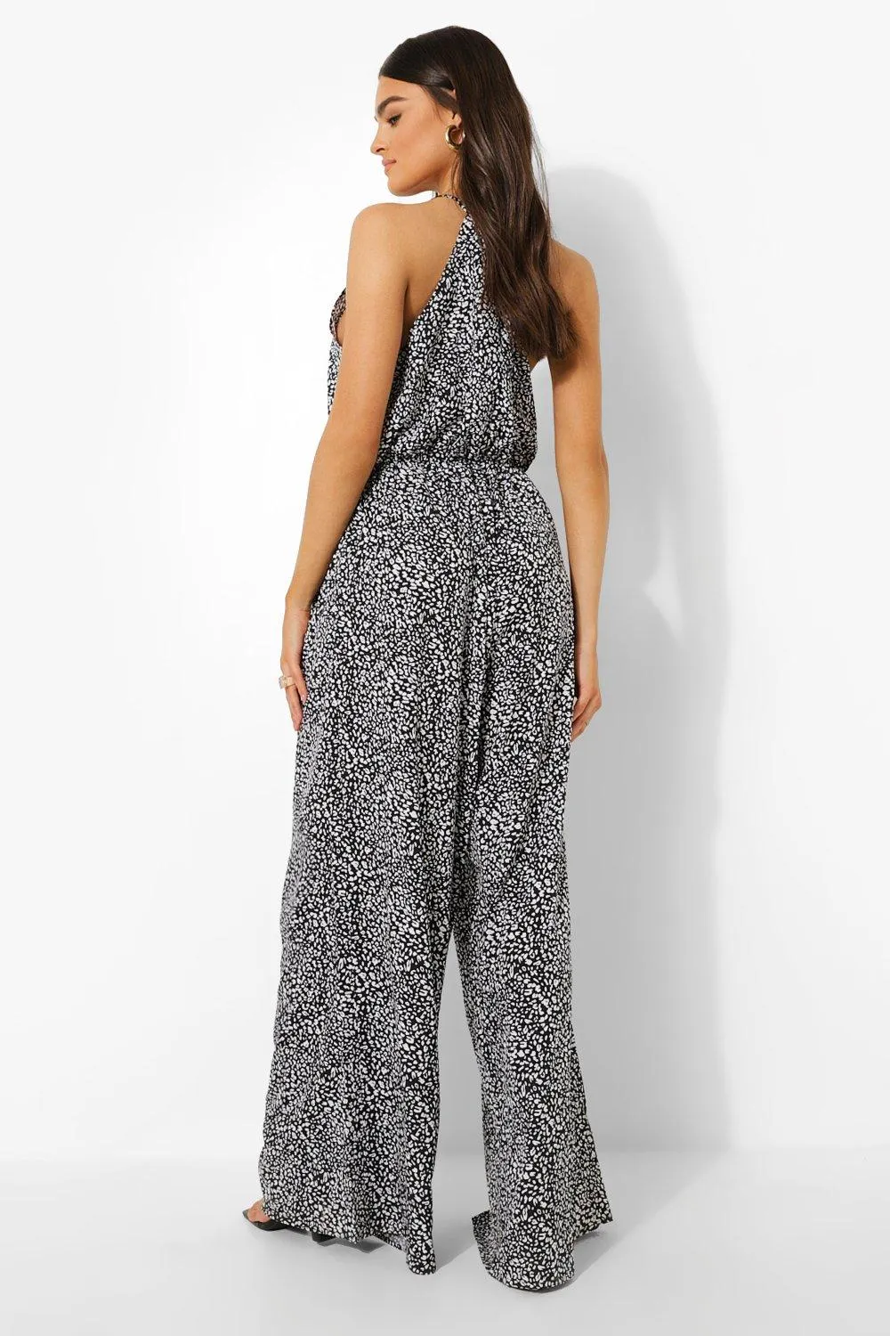 Boohoo Wide Leg Animal Print Jumpsuit, Black