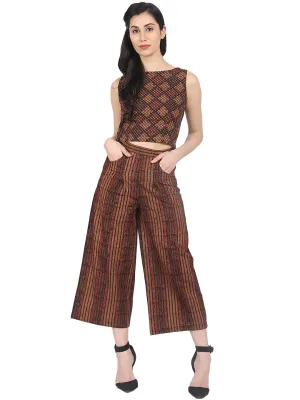 Brown Check Sleeveless Crop Top With Striped Calf Length Flared Palazzo