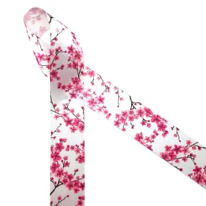 Cherry Blossom ribbon pink for Spring events printed on 1.5" white satin