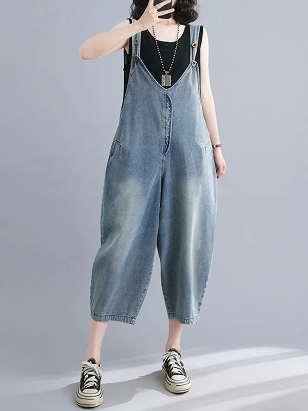 Cropped Loose Denim Buttoned Overalls