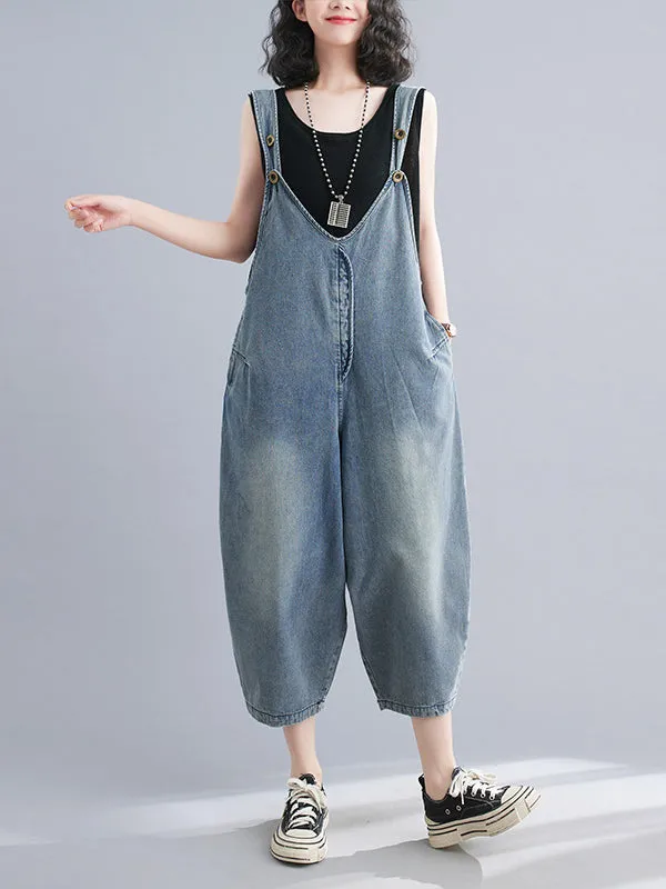 Cropped Loose Denim Buttoned Overalls