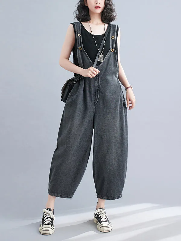 Cropped Loose Denim Buttoned Overalls