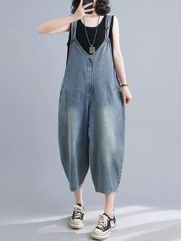 Cropped Loose Denim Buttoned Overalls