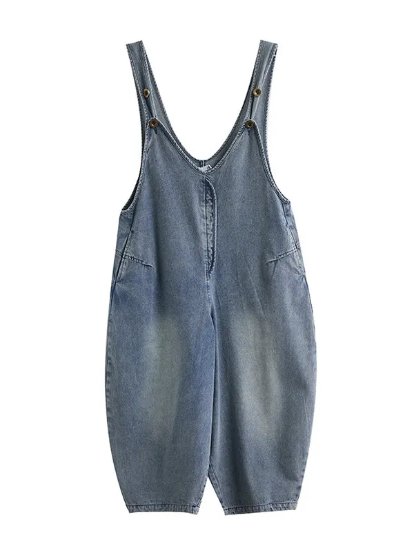 Cropped Loose Denim Buttoned Overalls