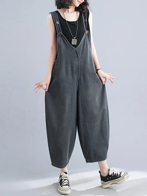 Cropped Loose Denim Buttoned Overalls