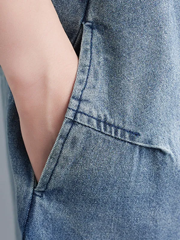 Cropped Loose Denim Buttoned Overalls