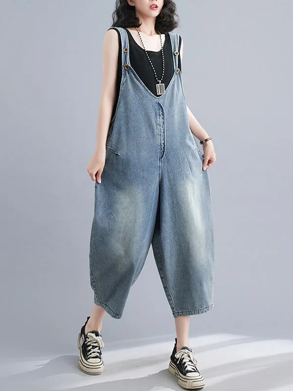 Cropped Loose Denim Buttoned Overalls