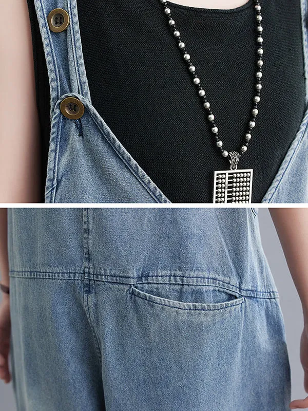 Cropped Loose Denim Buttoned Overalls