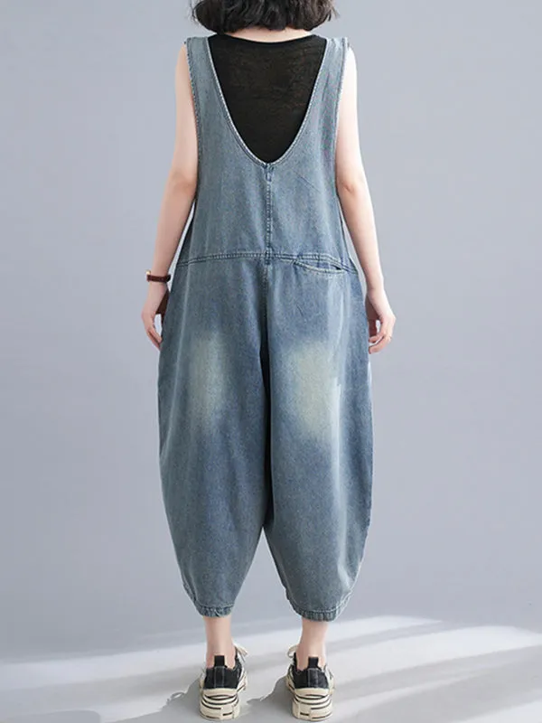 Cropped Loose Denim Buttoned Overalls