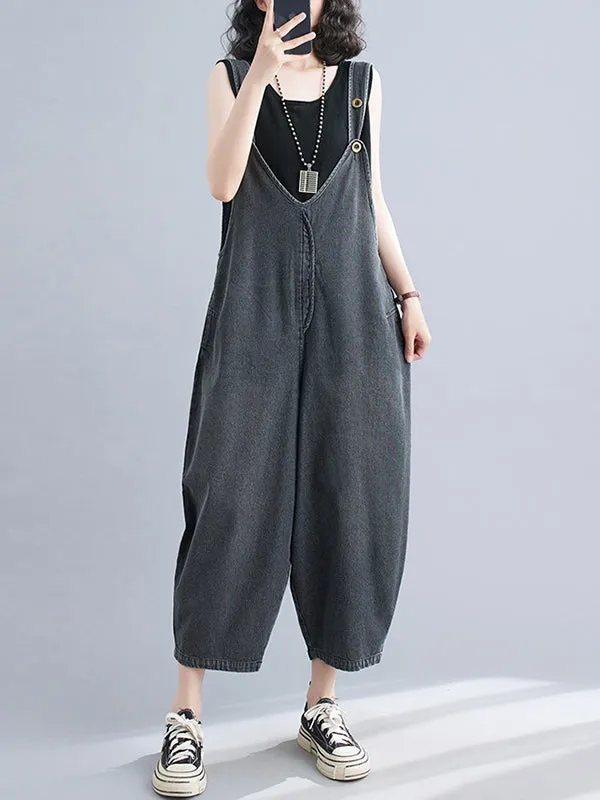 Cropped Loose Denim Buttoned Overalls