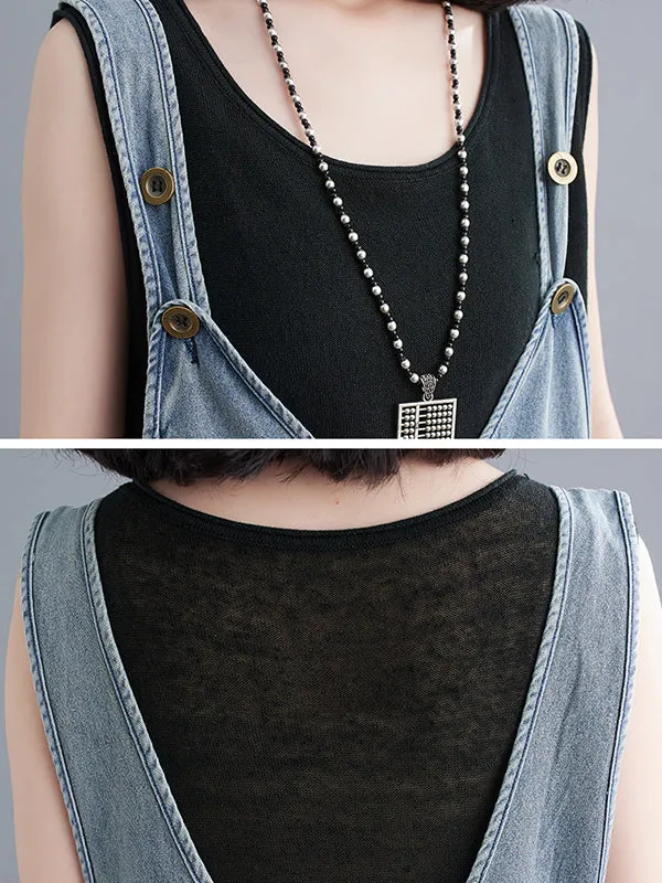 Cropped Loose Denim Buttoned Overalls