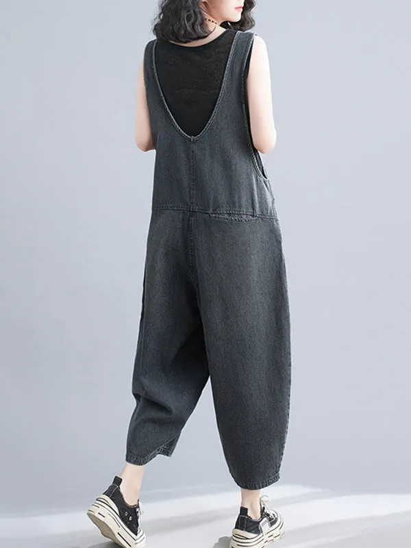 Cropped Loose Denim Buttoned Overalls