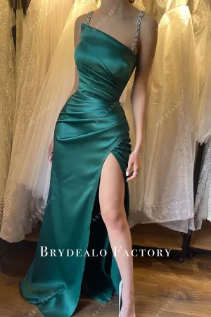 Dark Green Satin Asymmetric Neck Slit Floor-Length Prom Dress