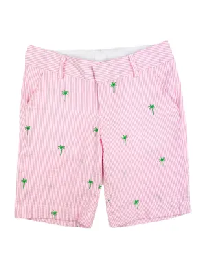 Light Pink Seersucker Women's Bermuda Shorts with Green Embroidered Palm Trees