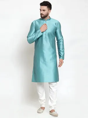 Men Light-Blue & White Self Design Kurta With Churidar