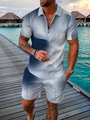 Men's Summer Zip Lapel Shirt Set 3D Printed Short Sleeve