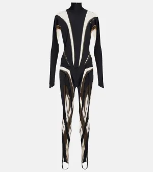 MUGLER mesh jumpsuit with inserts and high collar, black