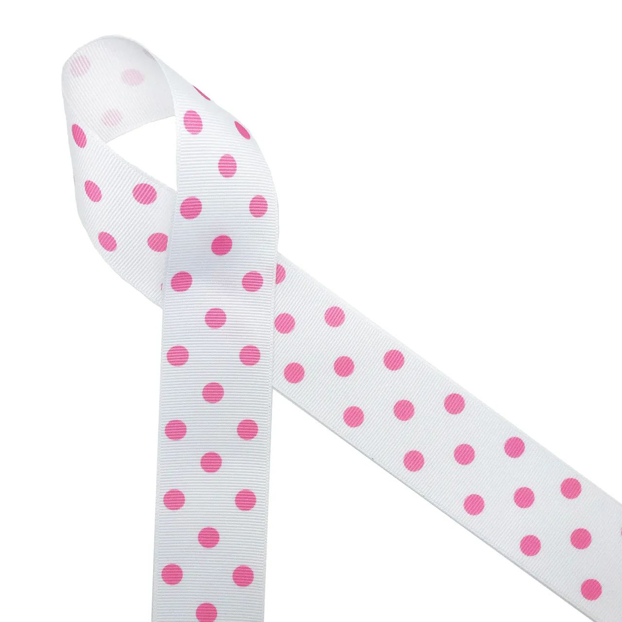 Polka Dots in bright pink on 1.5" white grosgrain