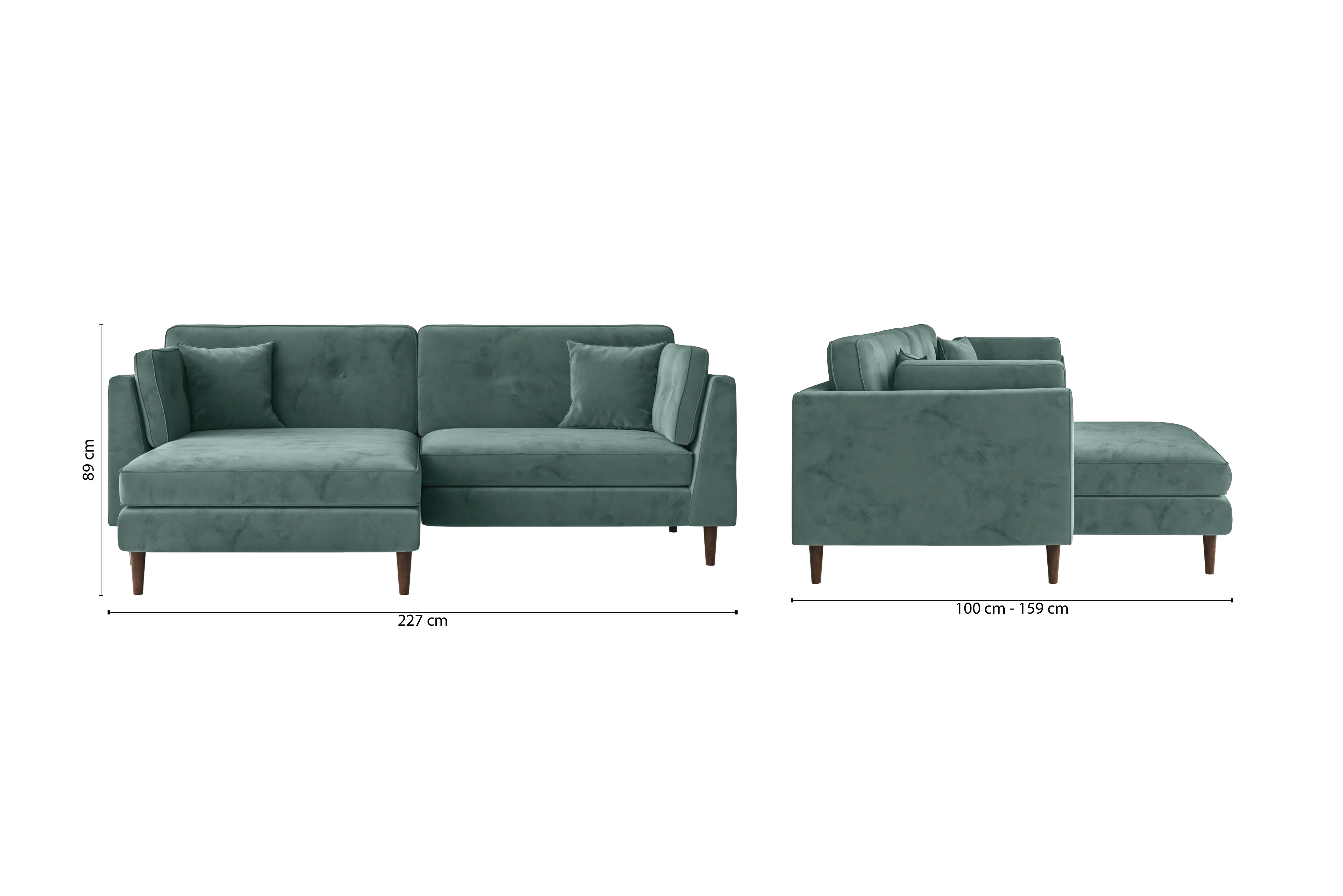 Ragusa 3 Seater Left Hand Facing Chaise Lounge Corner Sofa Teal Velvet