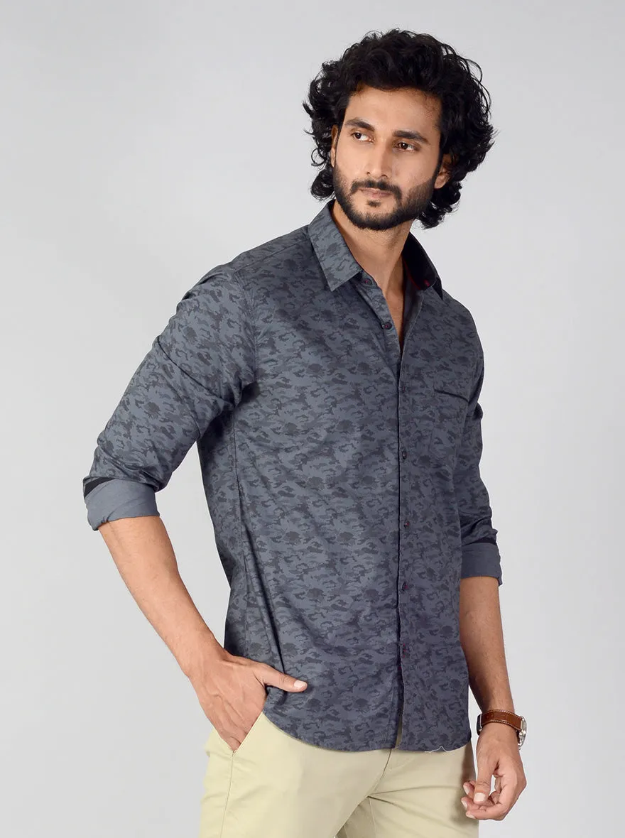 Slate Grey Printed Slim Fit Casual Shirt | Greenfibre