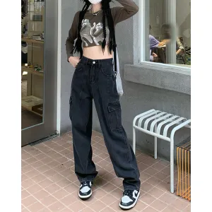 Toleet leapord Winter outfit Plus Size Retro Gray Straight Jeans Women's Street Style Hip Hop High Waist Tooling Wide Leg Pants black