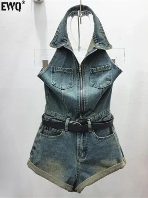 Trendy Halter Denim Shorts Set with Belt