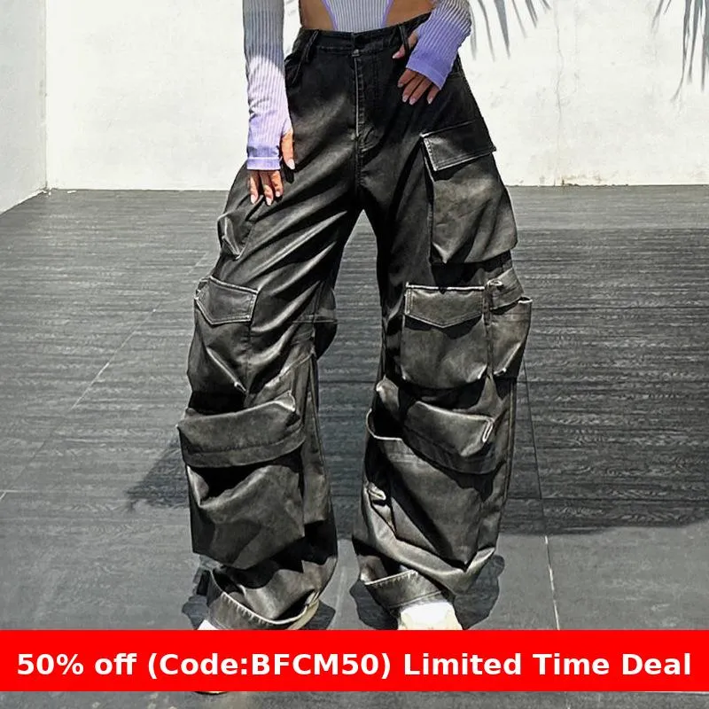 Wenkouban christmas outfit women winter outfits  Black Friday American Street Personalized Multi-Pocket Mopping Pants Winter Heavy Industry Patent Leather Three-Dimensional Overalls for Women