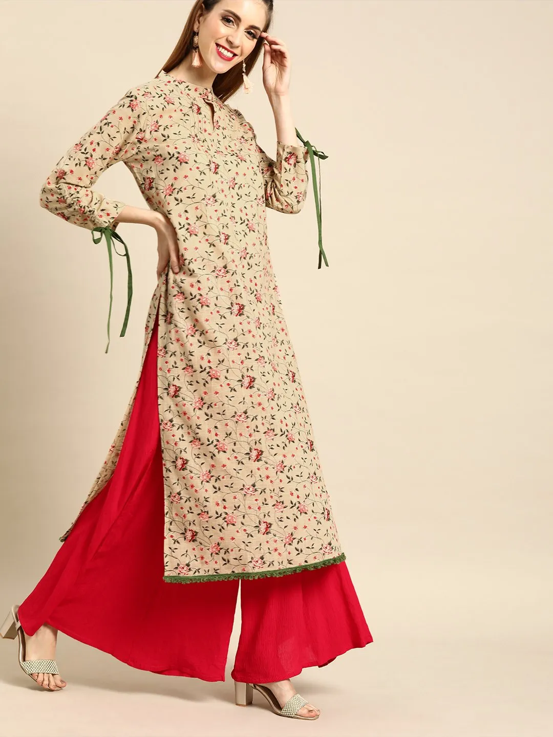 Women Beige Calf Length Long Sleeves Straight Floral Printed Cotton Kurta