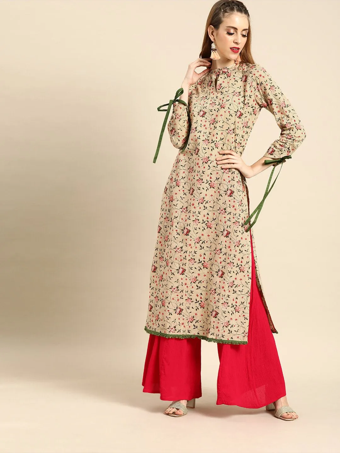 Women Beige Calf Length Long Sleeves Straight Floral Printed Cotton Kurta