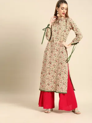 Women Beige Calf Length Long Sleeves Straight Floral Printed Cotton Kurta