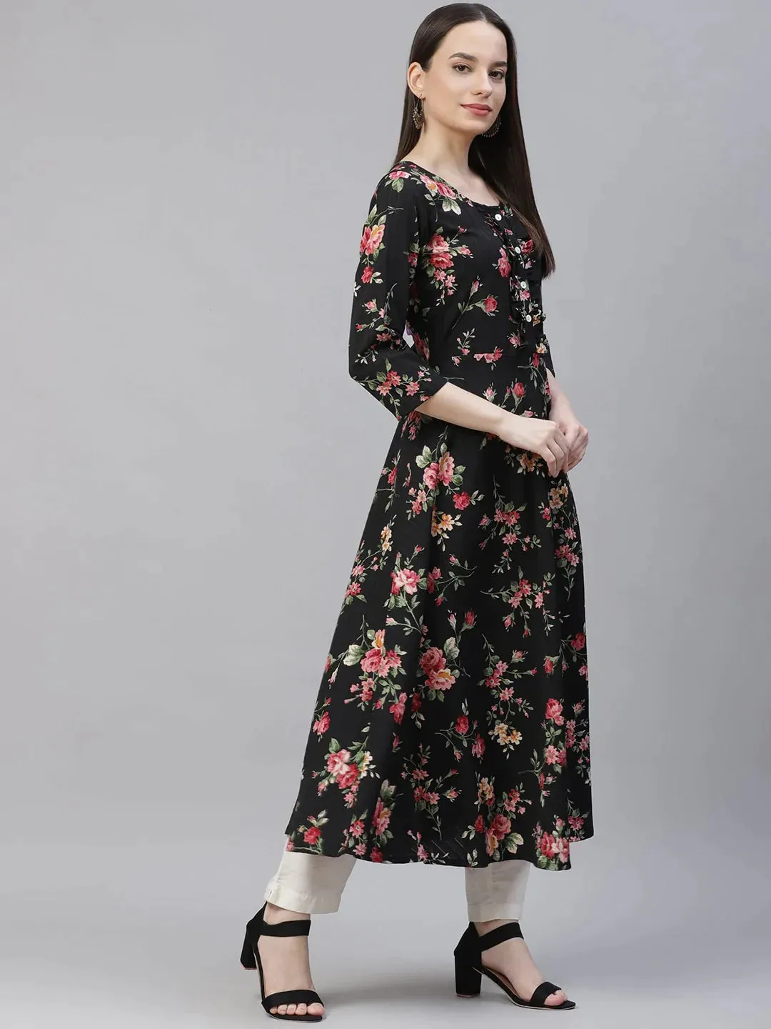 Women Black Floral Printed Floral Anarkali Kurta