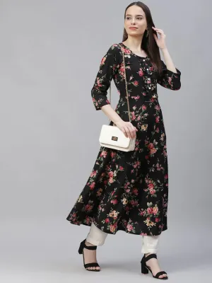 Women Black Floral Printed Floral Anarkali Kurta