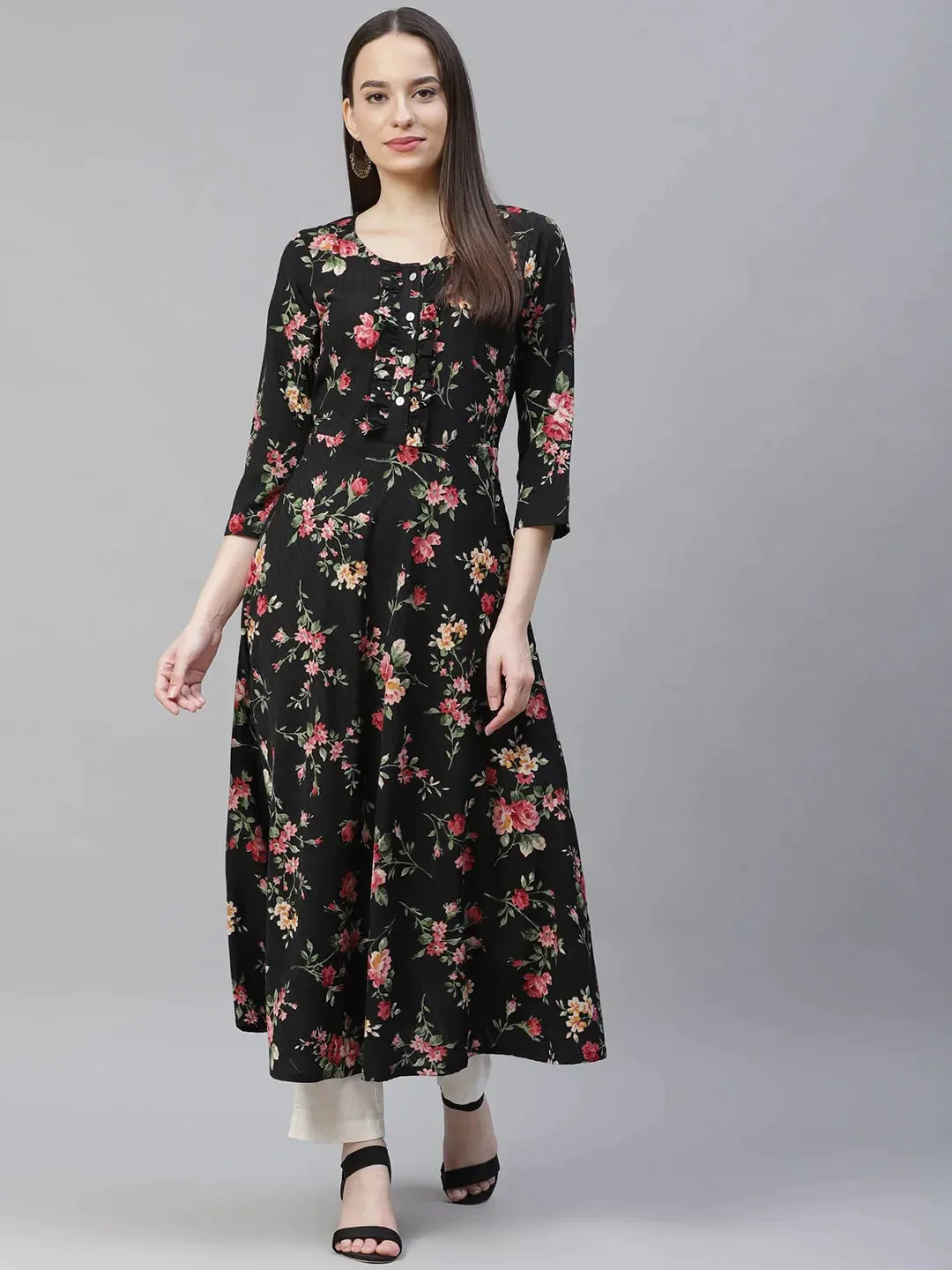 Women Black Floral Printed Floral Anarkali Kurta