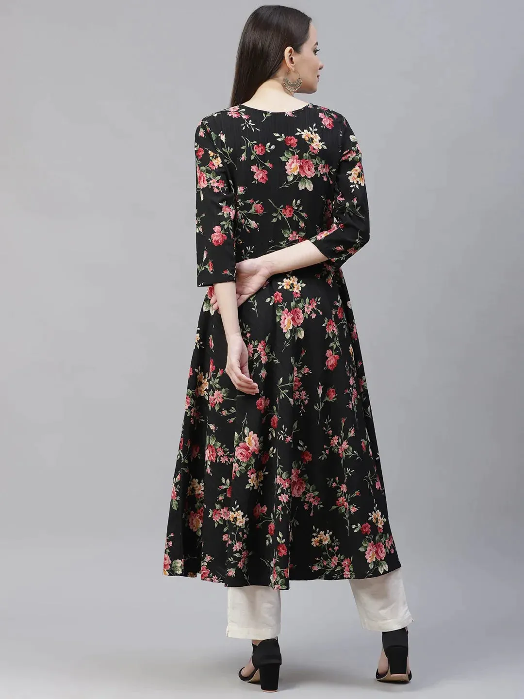 Women Black Floral Printed Floral Anarkali Kurta