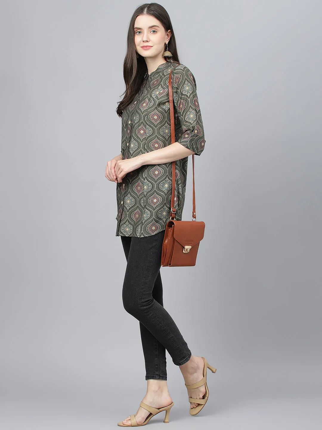 Women Gray Motif Printed Modal A-Line Shirts Style Top