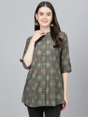 Women Gray Motif Printed Modal A-Line Shirts Style Top