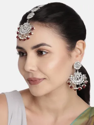 Women Rhodium Plated With Stunning Matte Finish Traditional Kundan & Faux Pearl Chandbali Earrings With Maang Tikka Set