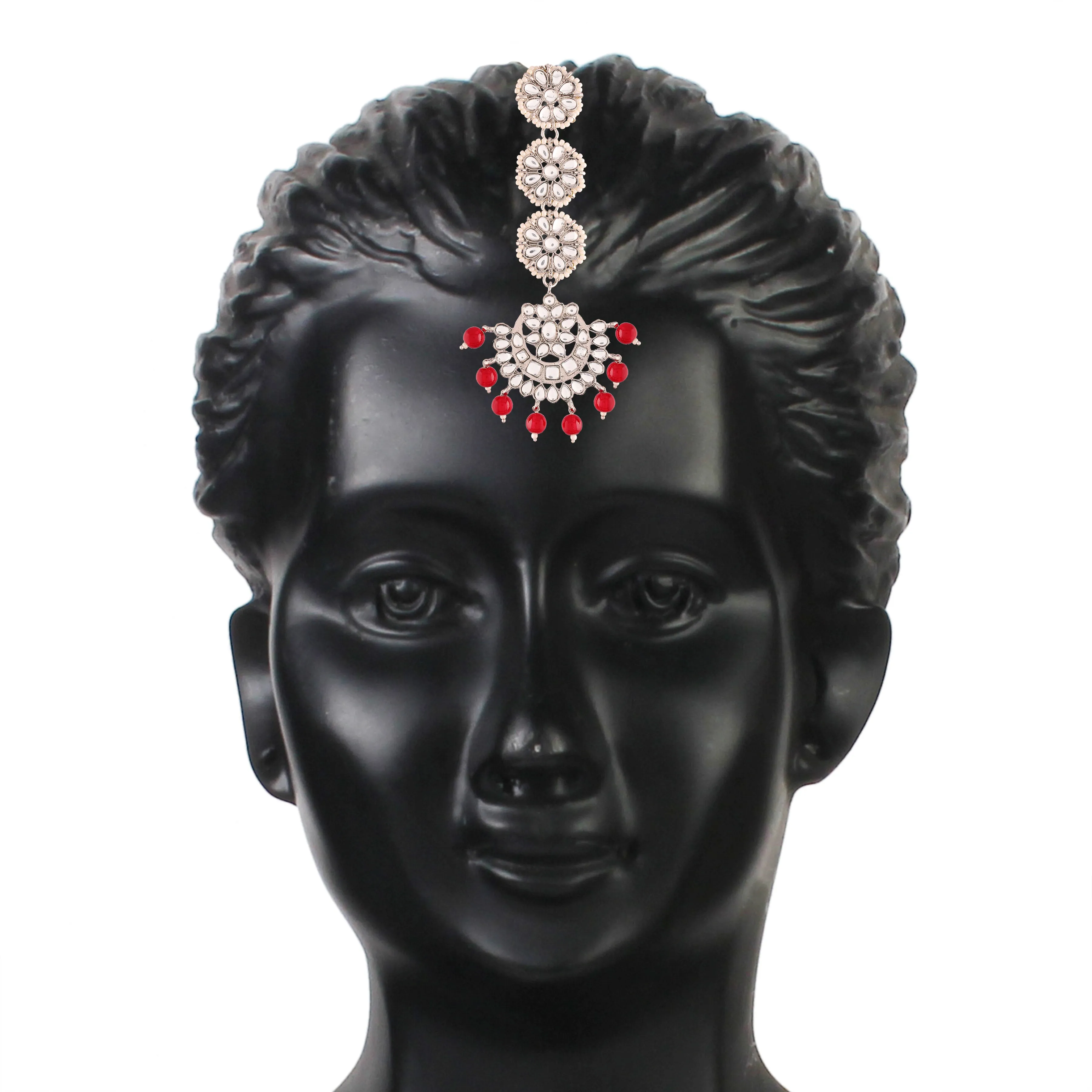 Women Rhodium Plated With Stunning Matte Finish Traditional Kundan & Faux Pearl Chandbali Earrings With Maang Tikka Set